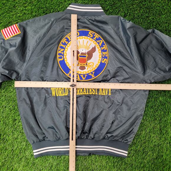 Vintage Y2K US-Navy Satin Bomber Jacket XL 26x27 Boxy NAVY Chief - Picture 5 of 16